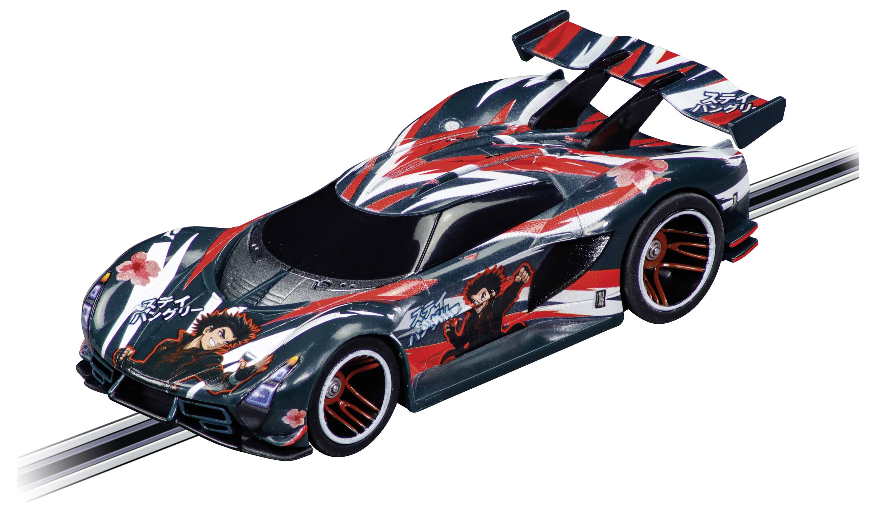 Geïllustreerde raceauto speelgoed met anime-stijl graphics op een racebaan, weergegeven in een dynamisch schuine weergave tegen een witte achtergrond.