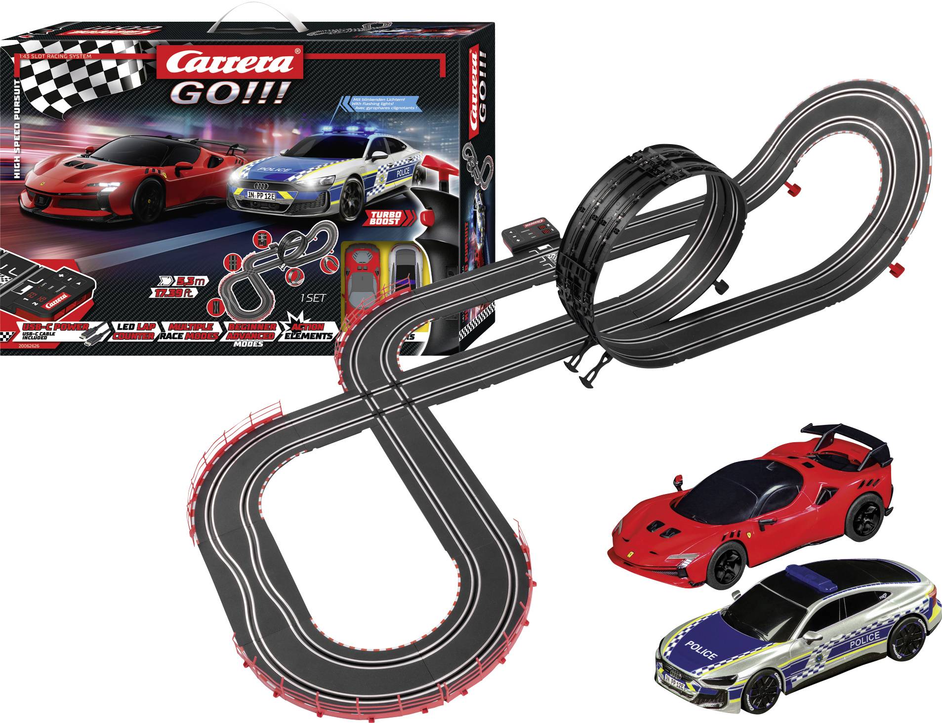 Carrera GO!!! slotcircuitset met looptrack, twee auto's, controller en productdoos weergegeven op witte achtergrond.