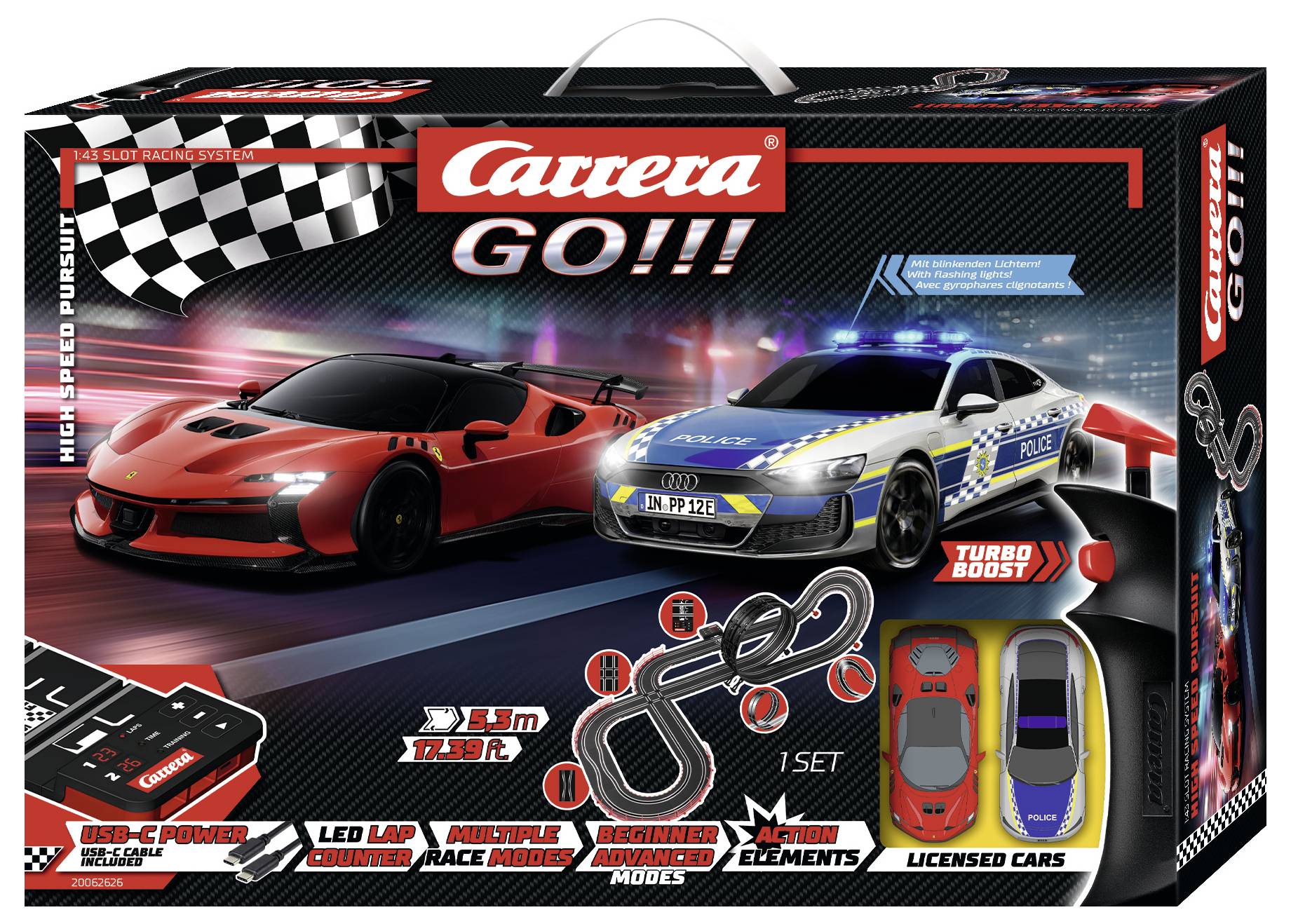 Afbeelding van een Carrera GO!!! slotcar raceset doos met twee racewagens, een loopvormig circuit, controllers en functies zoals turboboost en rondeteller.