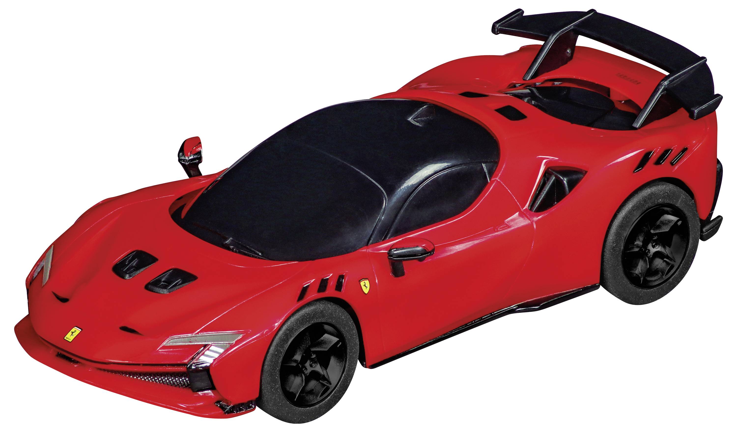 Rood Ferrari-achtig sportautoshowmodel met zwak dak, achterspoiler en racingwielen, getoond op een witte achtergrond.