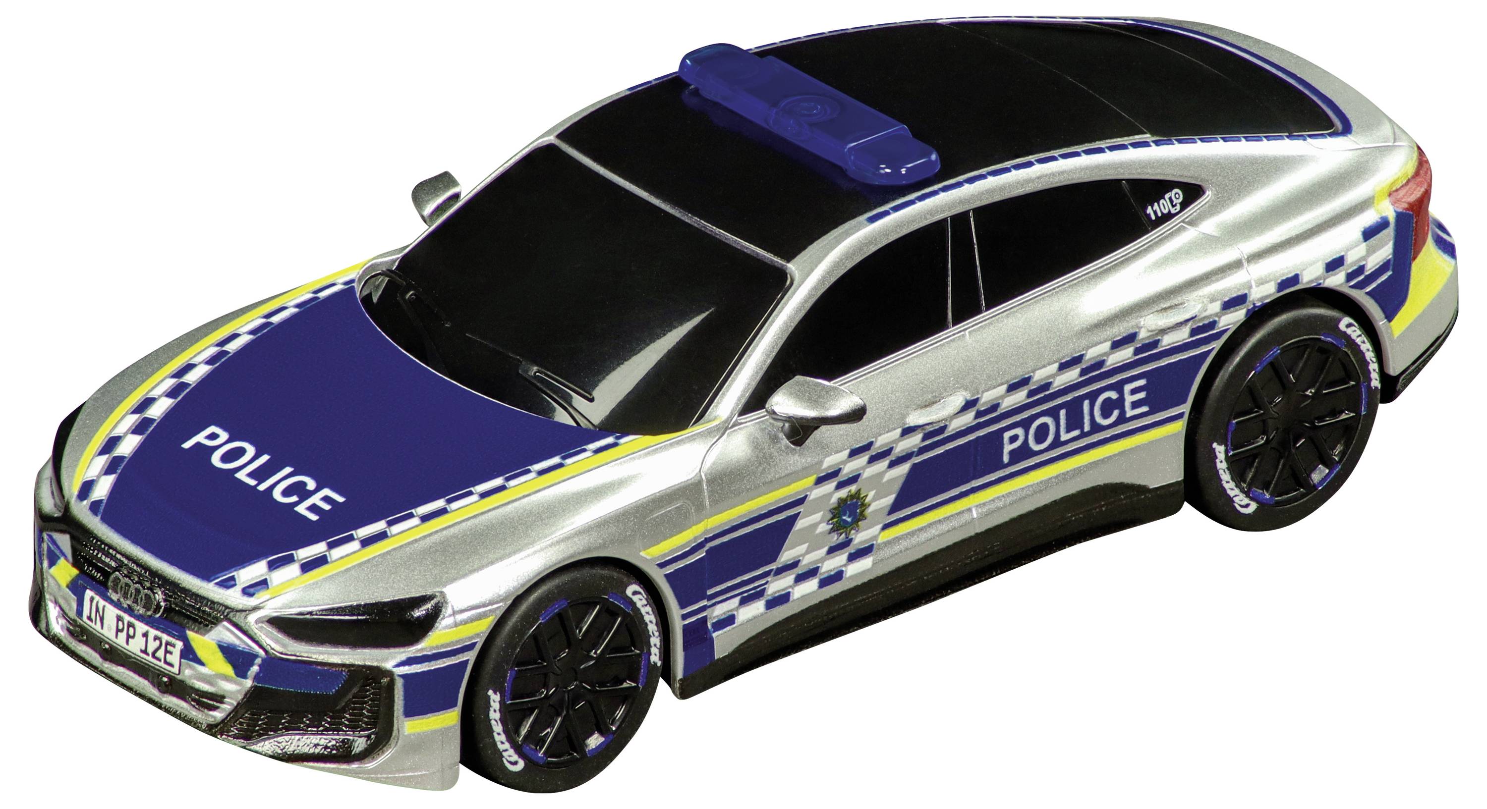 Politiepatrouillevoertuig in zilver, blauw en geel design, weergegeven vanuit een schuin vooraanzicht met 'POLITIE' markeringen en dak lichtbalk.