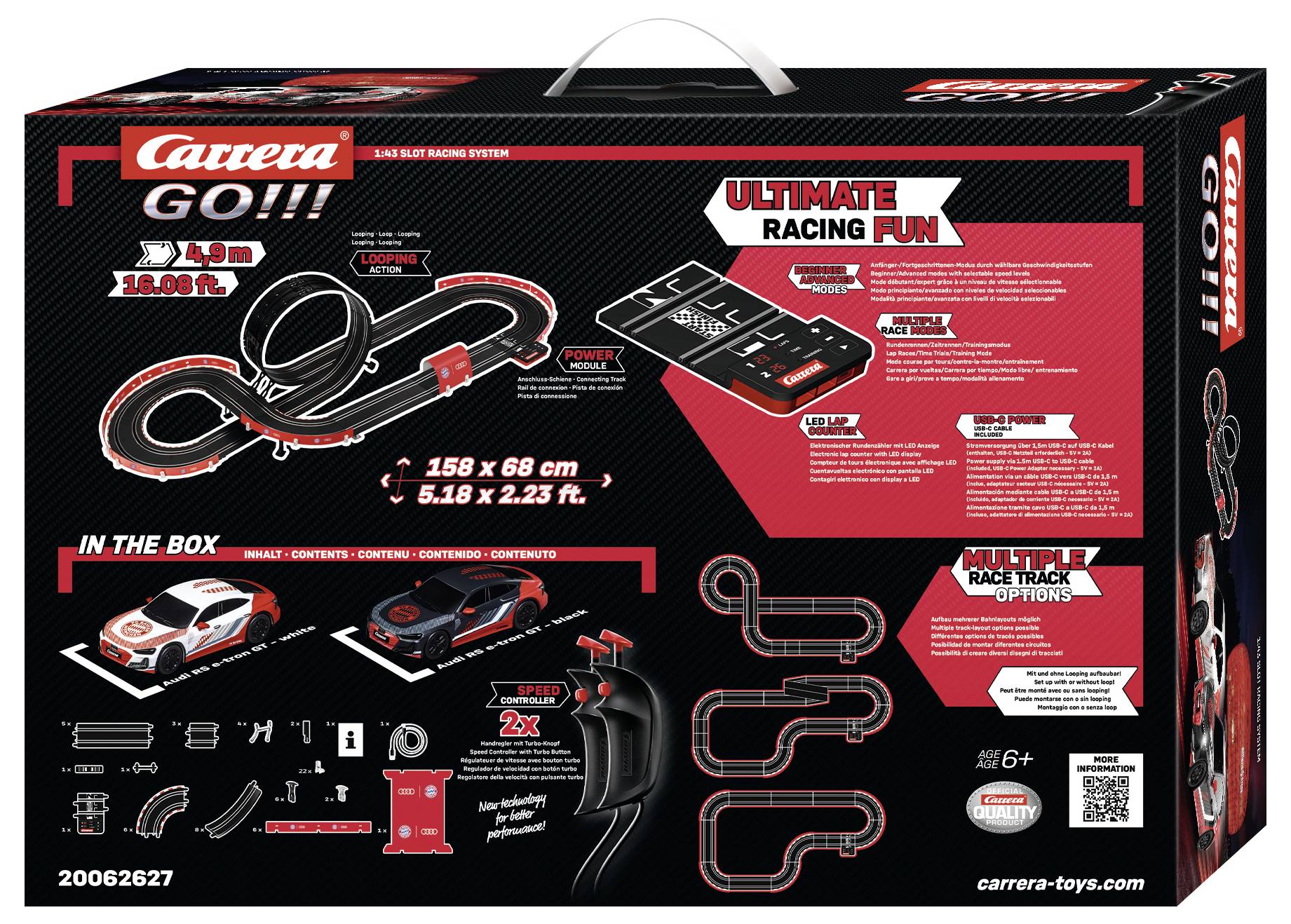 Carrera GO!!! slotauto raceset verpakking met een acht-vormig circuit, draadloze controller, racewagens, circuitonderdelen en 'Ultimate Racing Fun' branding.