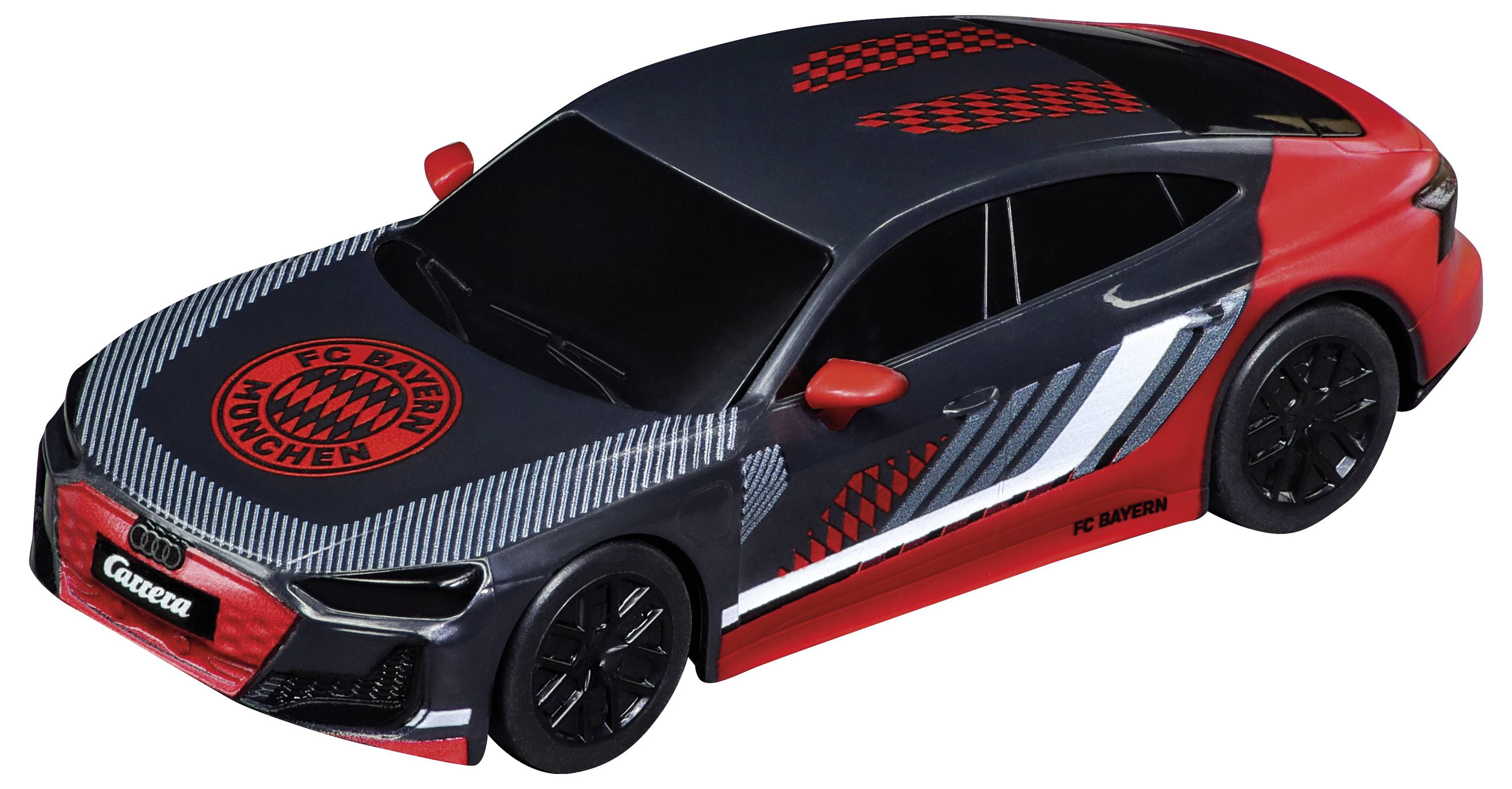 Rood en zwart speelgoedautootje sportauto met FC Bayern München branding, getoond in een driekwart vooraanzicht op een witte achtergrond.