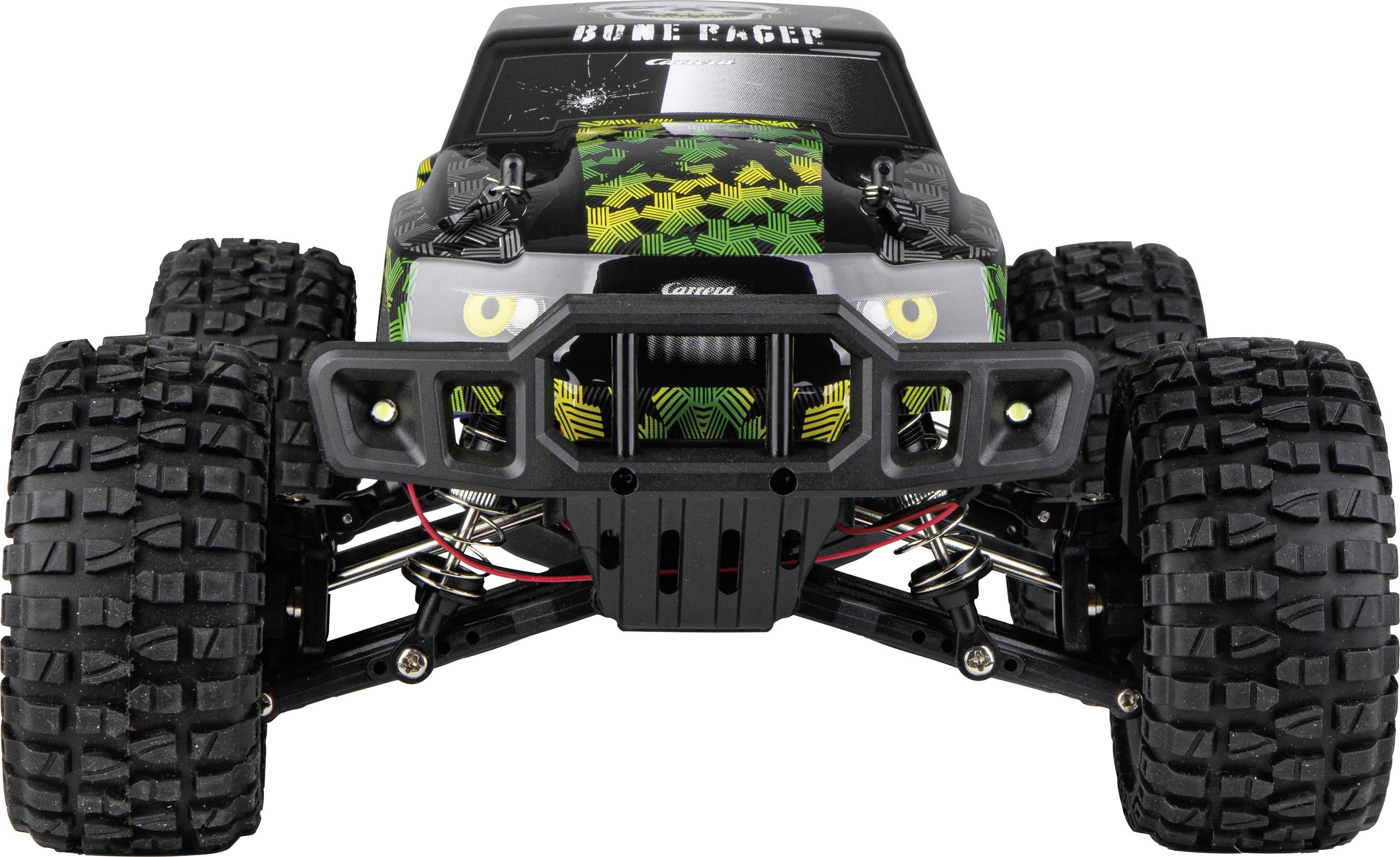 Vooraanzicht van een robuuste terreinwagen op afstand bestuurbaar met oversized banden, zwart carrosserie en camouflage motorkap op een witte achtergrond.