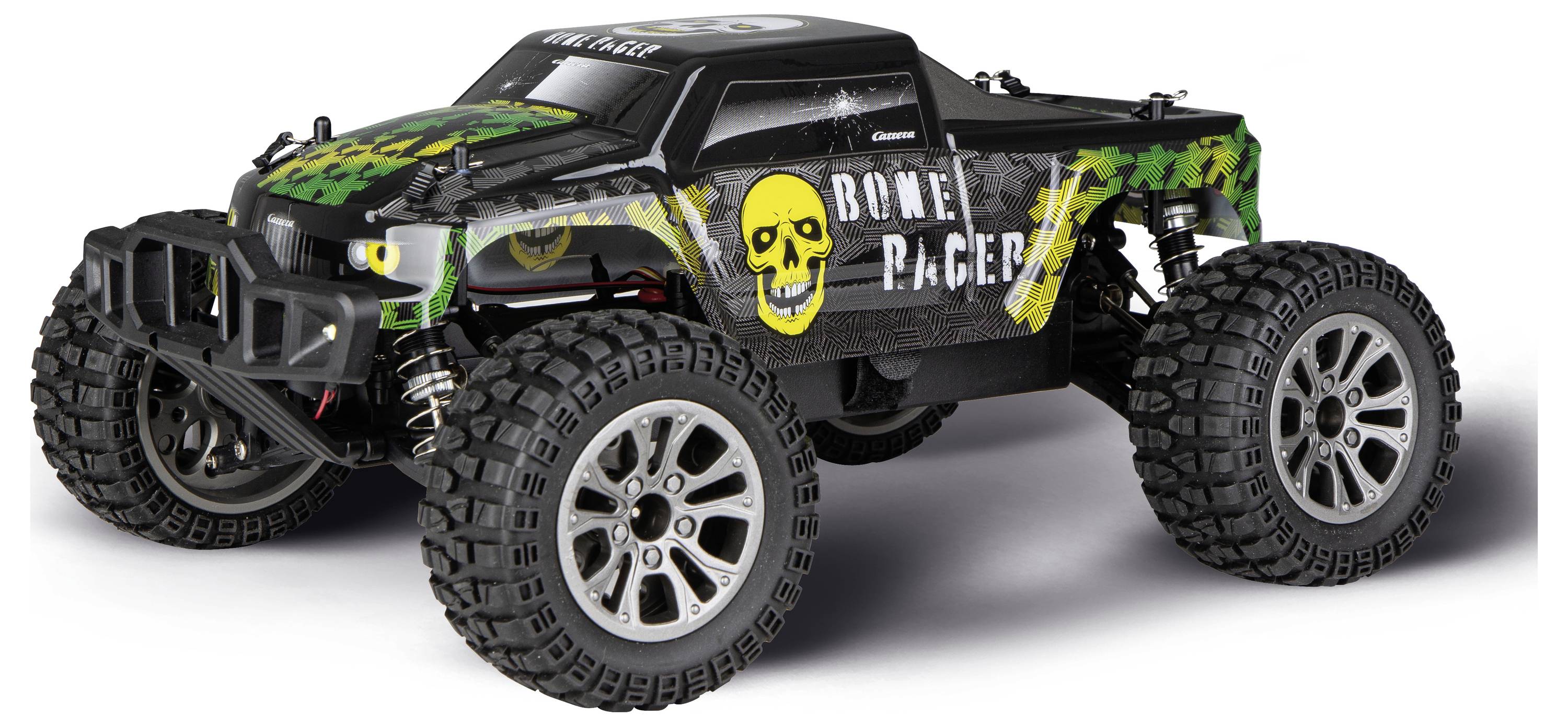 Zwarte terrein-RC-truck met grote bobbelige banden, voorbumper en op doodskop geïnspireerde 'Dime Racer'-graphics op een witte achtergrond