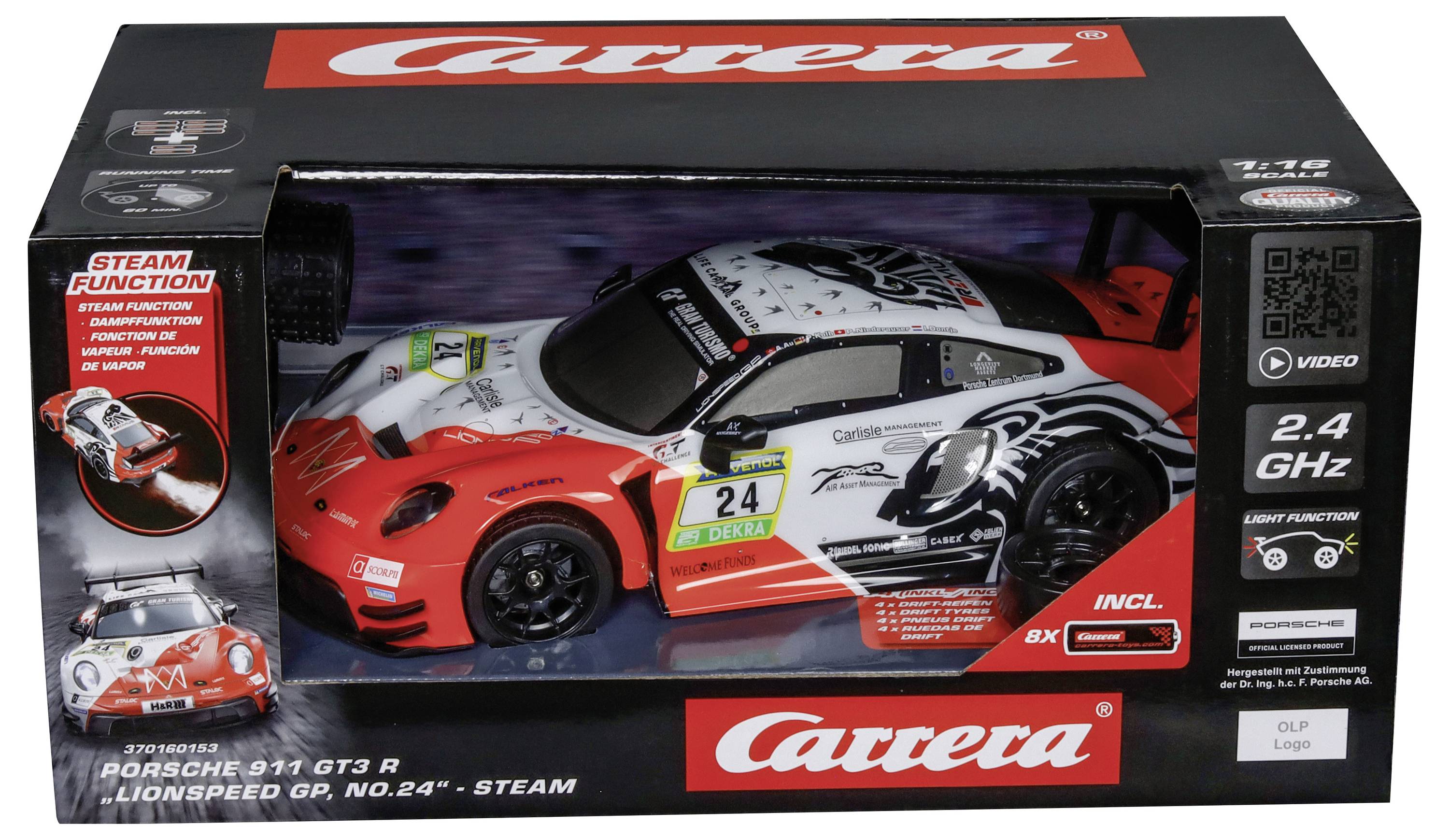 Carrera ingepakte afstandbestuurde Porsche 911 GT3 R racewagen speelgoed, rood en wit, gelabeld 2,4 GHz en stoomfunctie.