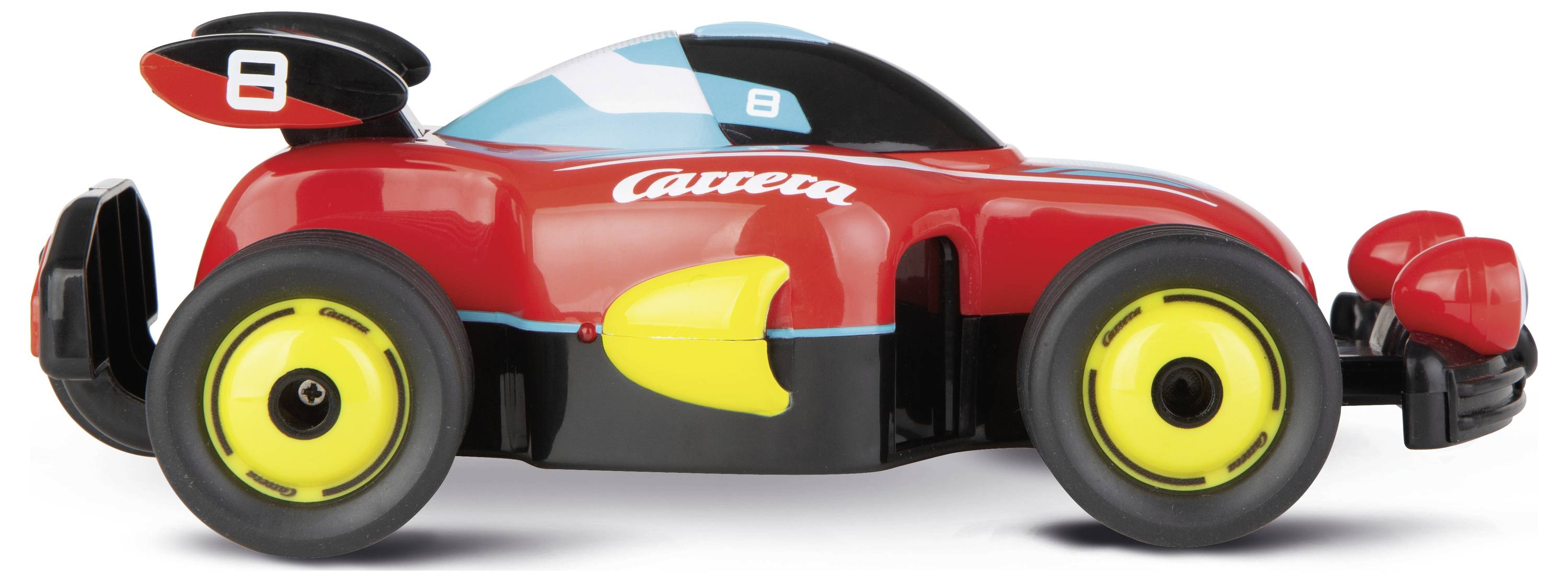 Rood en zwart speelgoedracewagen met gele wielen weergegeven in zijkant op een witte achtergrond.