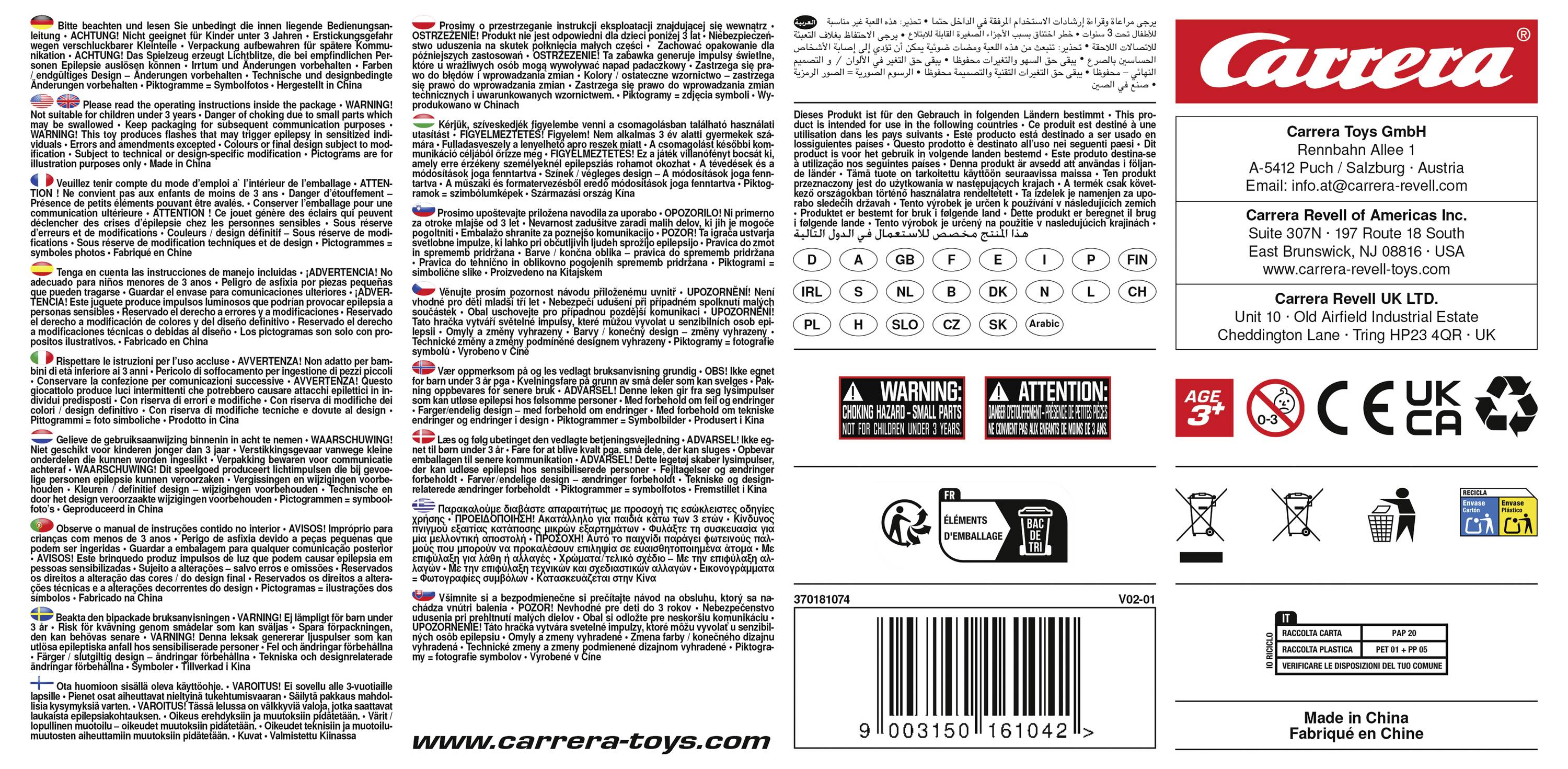 Carrera Toys productlabel met meertalige veiligheidsinstructies, contactgegevens van het bedrijf, streepjescodes, waarschuwing vanaf 3 jaar, CE/UKCA-markeringen, recyclingssymbolen en 'Made in China'-tekst.