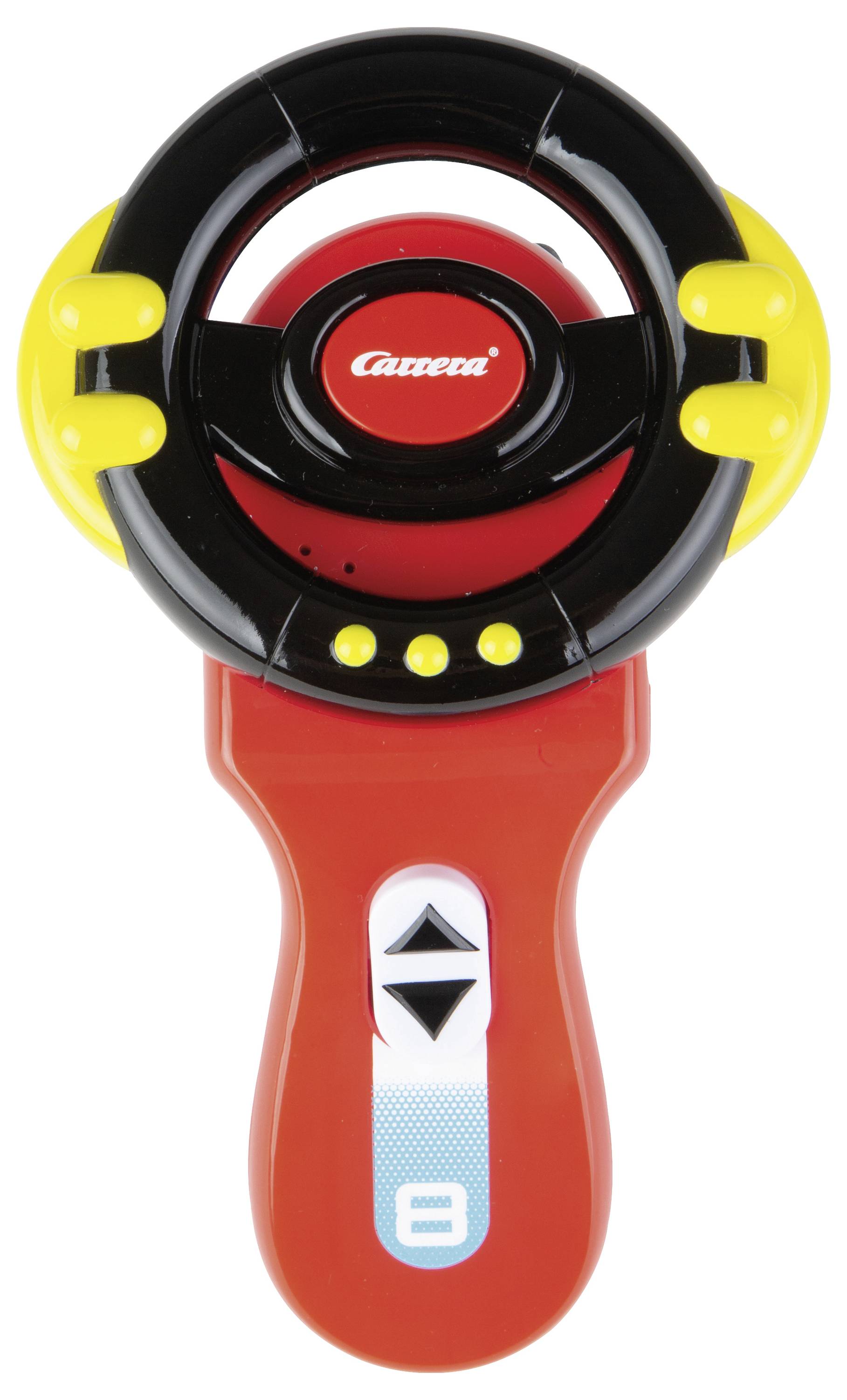 Rode Carrera speelgoedstuurwielcontroller met zwarte, gele en rode knoppen op een witte achtergrond.