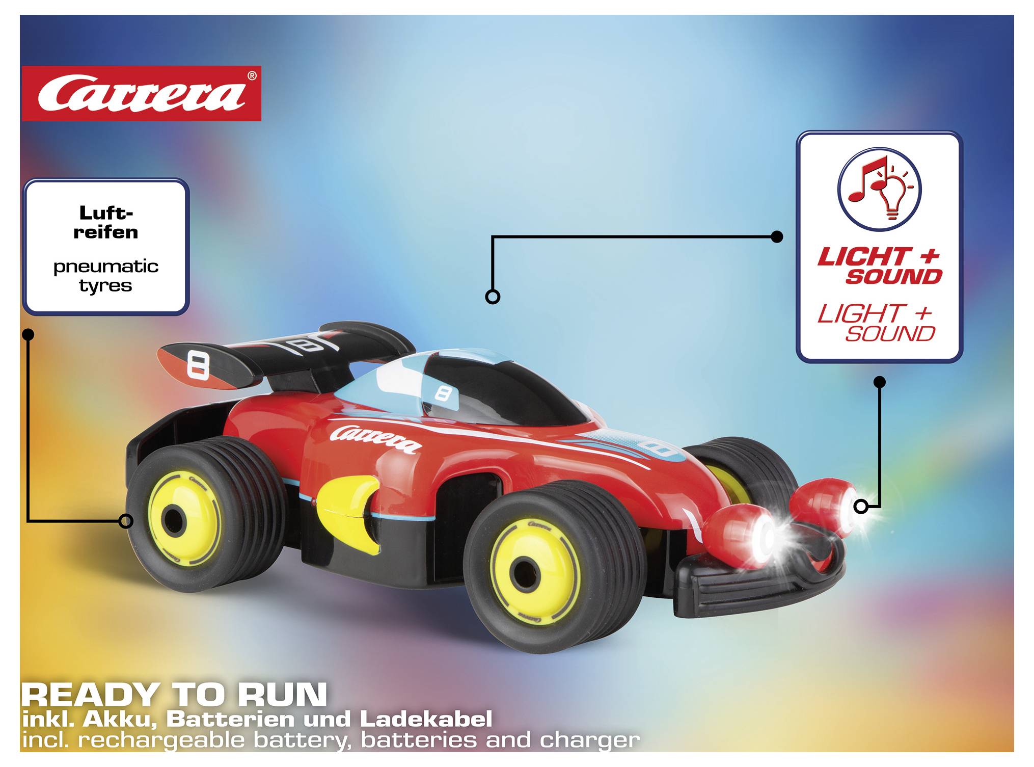 Illustratie van een Carrera-speelracer met 'Luftreifen' pneumatische banden, 'Licht+Sound' functies, en 'Gereed om te rijden' oplaadbare batterij en oplader inbegrepen.