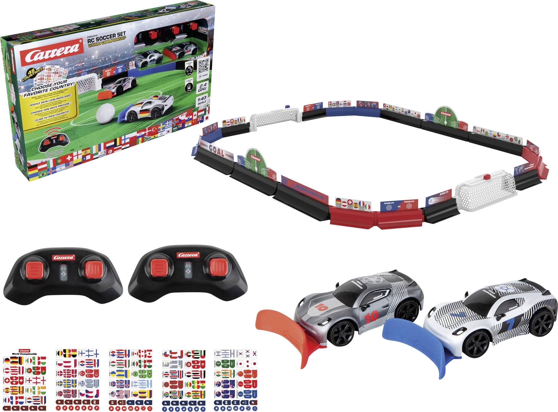Carrera GO!!! autoracingset met baan, twee controllers, twee racewagens, barrières en stickervel, weergegeven met productpakking.