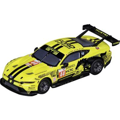 Geel Ford Mustang raceauto-model met zwarte grafische elementen, nummer 44, en een groot achtervleugel op een witte achtergrond.