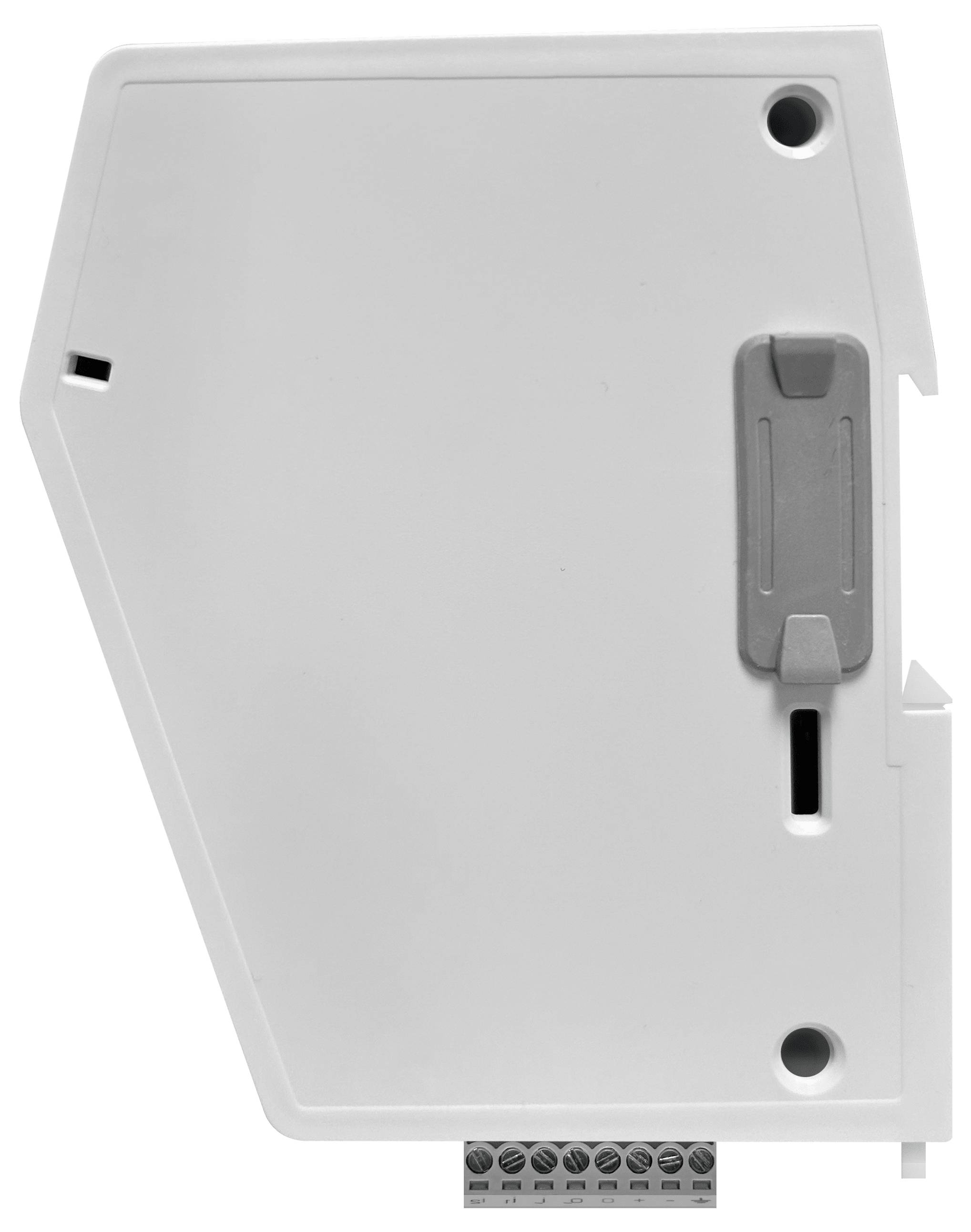 Witte elektrische controlemodule met bevestigingsgaten en een zijklem, afgebeeld op een effen achtergrond.