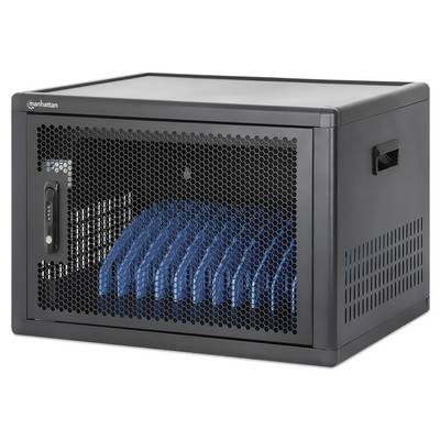 Zwarte serverkasten met geperforeerde voordeur en zichtbare blauwe kabelstreng binnenin, voorzien van een zijgreep en ventilatiesleuven.