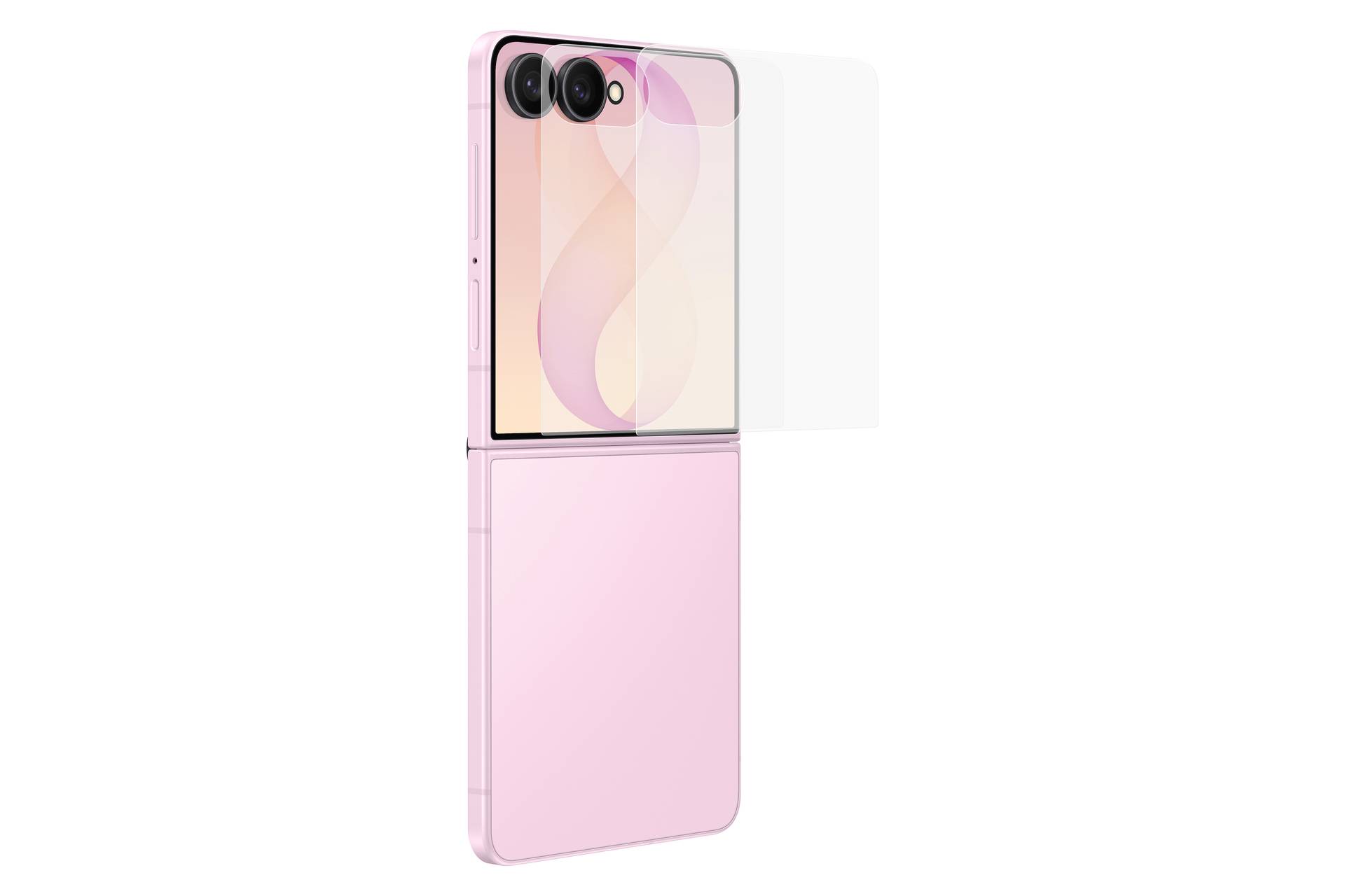 Roze opvouwbare smartphone gedeeltelijk geopend, met dubbele achteruitcameras en een glanzend transparante beschermhoes op een witte achtergrond.