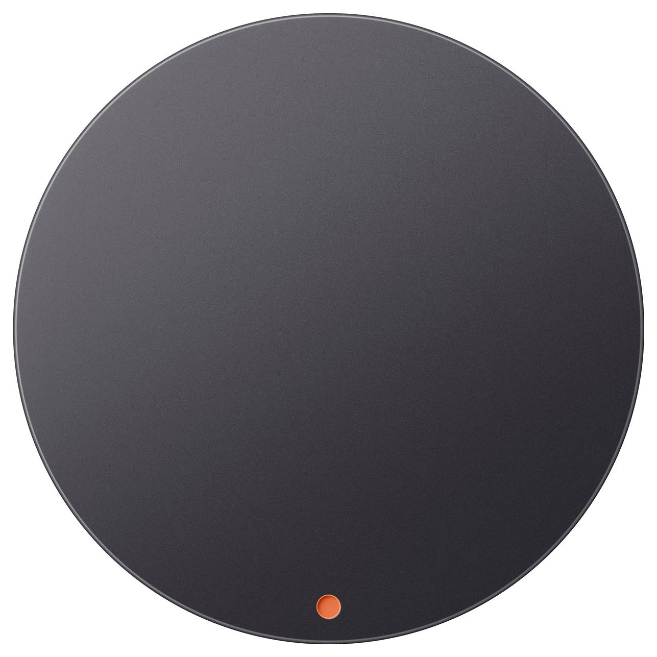 Zwart rond apparaat met een klein oranje indicatielampje dicht bij de onderkant, weergegeven op een effen witte achtergrond.
