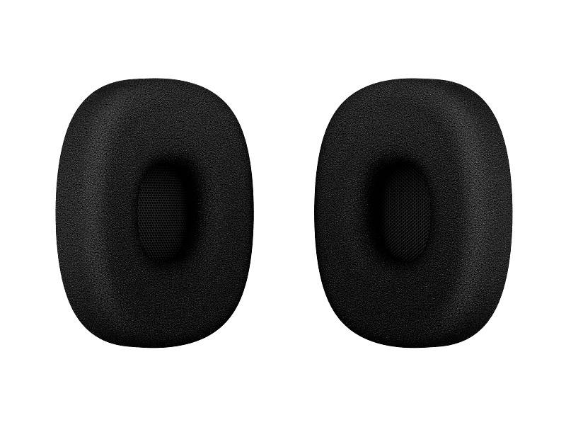 Paar zwarte ovale oorkussens of spreker pads op een witte achtergrond.