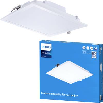 Philips ProjectLine LED-paneellicht en blauwe productdoos, met een vierkant inbouwplafondpaneel dat aangeduid is voor professionele kwaliteitsverlichting.