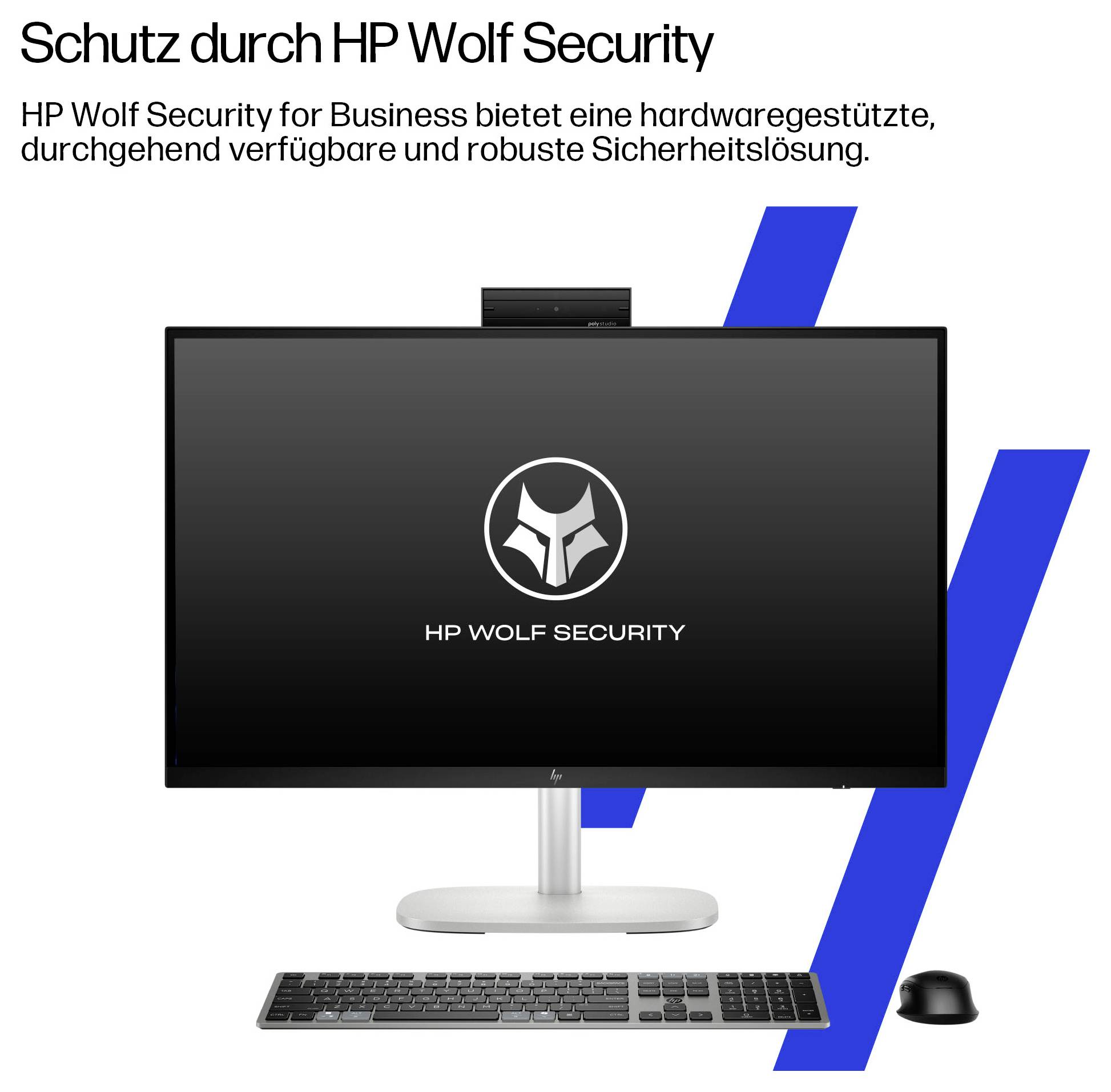 HP Wolf Security for Business poster met een desktopmonitor met het HP Wolf Security-logo, toetsenbord en muis; Nederlandse kop zegt dat het hardwaregebaseerde, altijd beschikbare bescherming biedt.