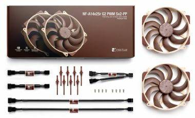 Productfoto van een Noctua NF-A14x25r G2 PWM-ventilatorset, met zichtbaar de ventilatordoos, twee bruin-en-beige ronde ventilatoren, en montagekaarten, schroeven en accessoires.