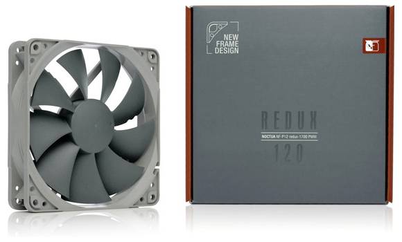 Productfoto van een grijze computerkoelventilator naast de retailers doos ervan met het label 'REDUX 120' en 'NIEUW FRAMEDESIGN'.