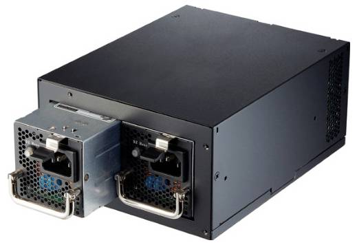 Dual hot-swappable stroomvoorzieningseenheid voor een server, weergegeven in een zwart metalen behuizing met twee verwijderbare modules en handvaten.