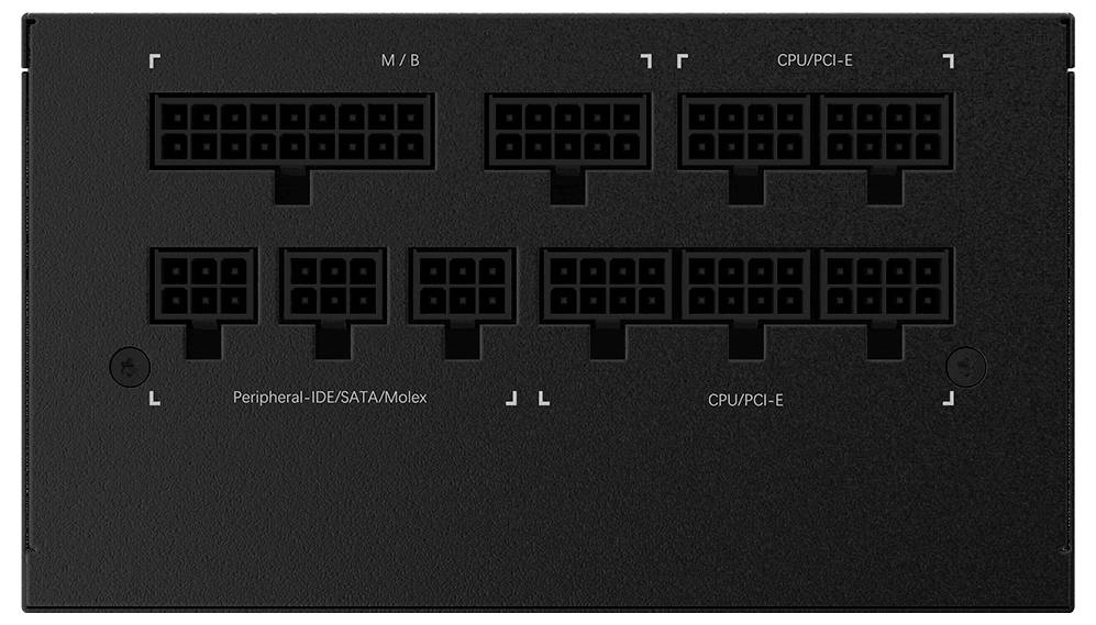 Zwart modulair voedingspaneel met gelabelde aansluitpoorten voor M/B, CPU/PCI-E en Peripheral-IDE/SATA/Molex kabels.