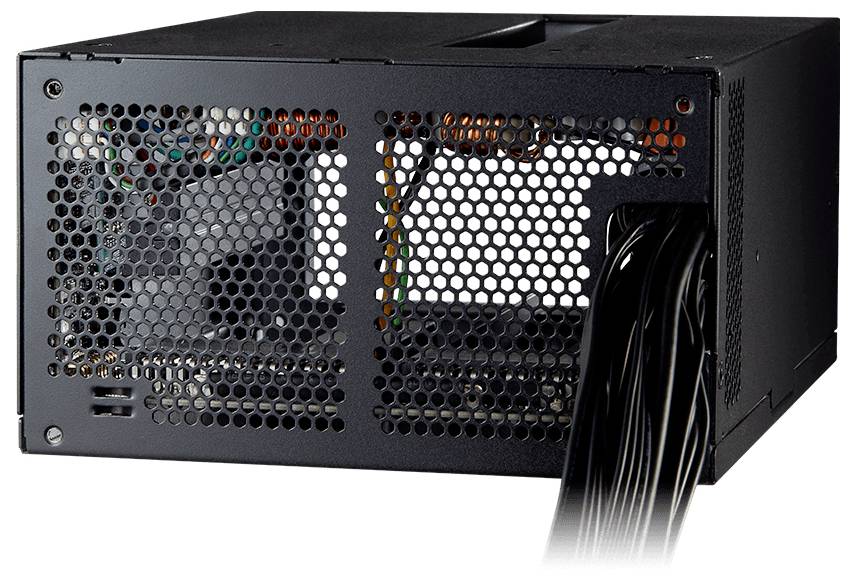 Zwarte computervoeding met zeshoekig metalen rooster, achterkant ventilator en gebundelde kabels die aan de zijkant uitsteken