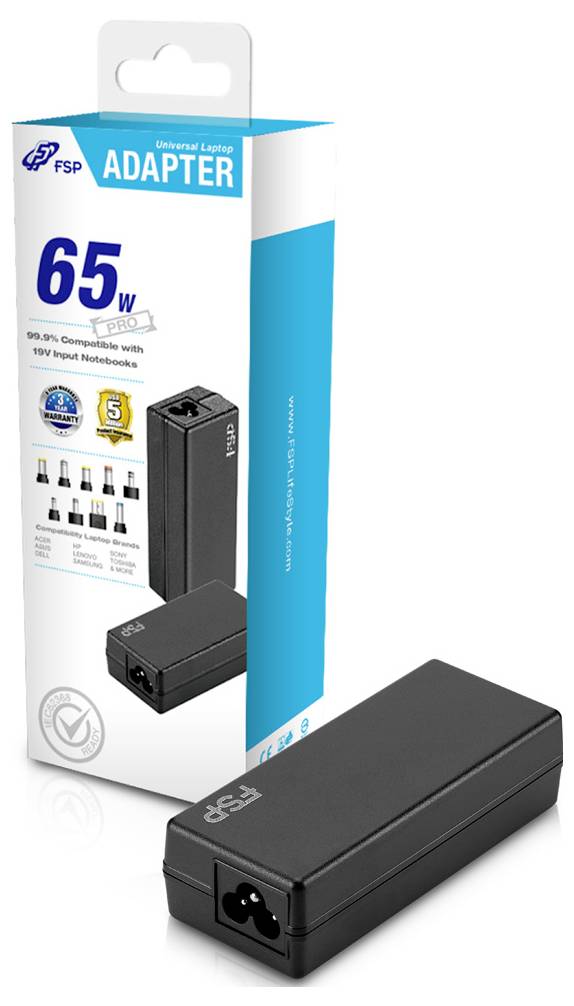 FSP 65W laptopvoeding weergegeven met retailverpakking en zwarte voedingsspanning, voorzien van meerdere aansluitingspunten en compatibiliteit met notebooks.