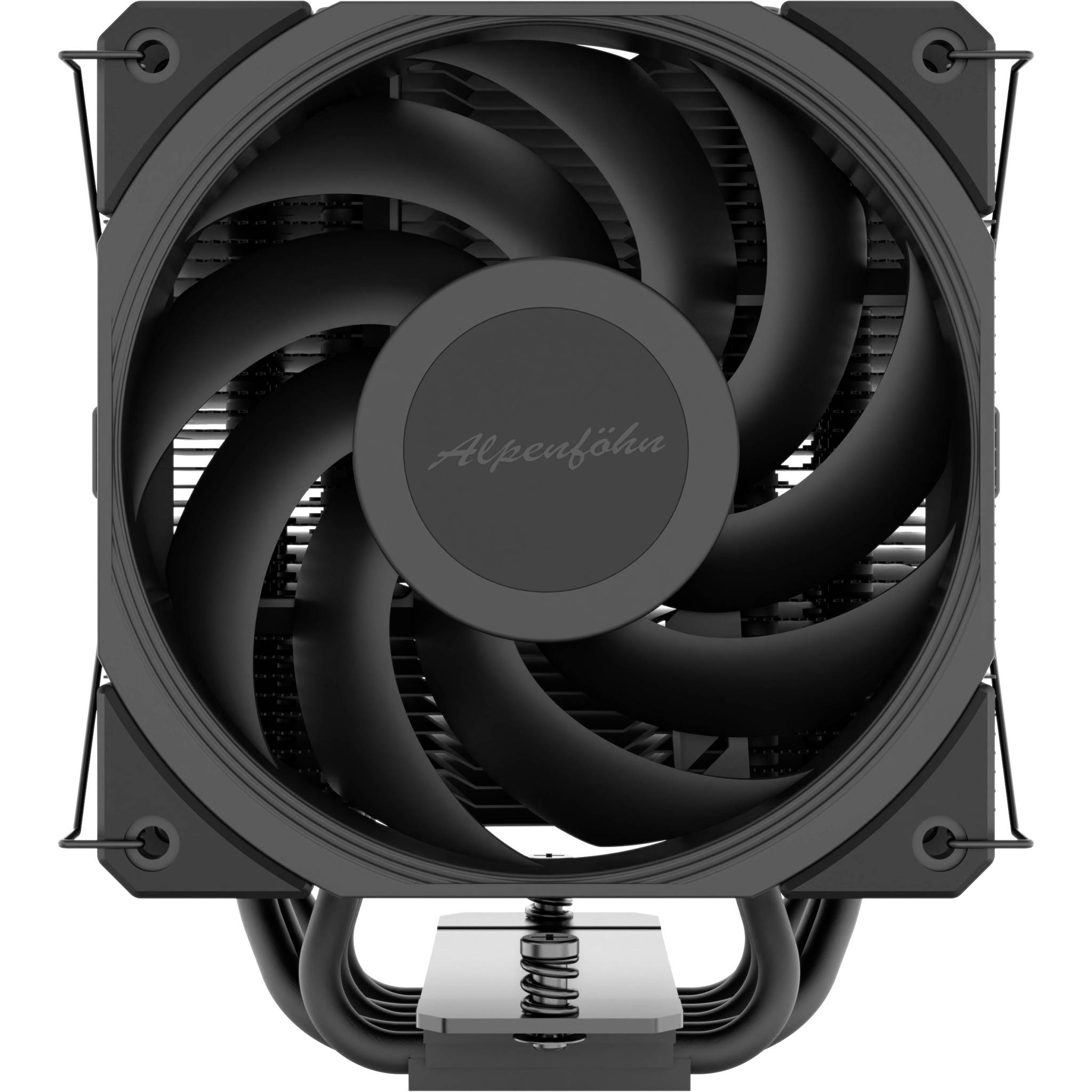 Zwarte CPU-koeler met grote ventilator en heatpipes, frontaal weergegeven op een witte achtergrond, gelabeld Alpenföhn.