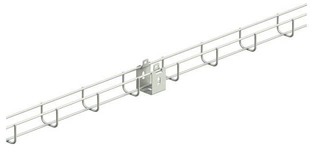 Metalen kabelgoot met een centraal montagebracket, diagonaal weergegeven op een witte achtergrond.