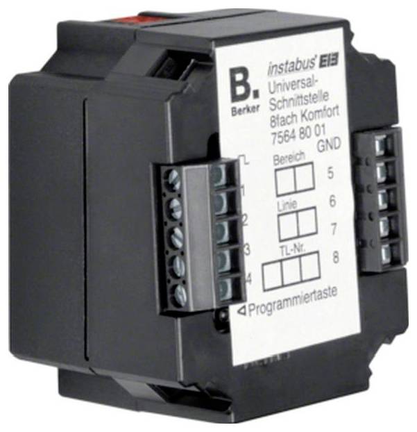 Black Becker Instabus EIB universele interfacemodule met gelabelde schroefklemmen en wit identificatielabel.