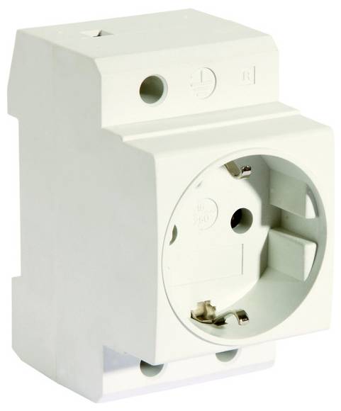 Wit elektrisch stopcontact bevestigd op een DIN-rail, weergegeven in close-up tegen een effen achtergrond.