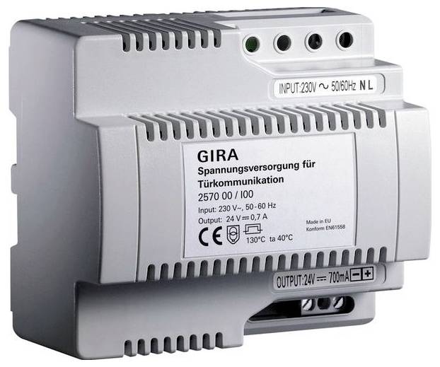 GIRA deurcommunicatie voeding in een grijze inbouwkast, gelabeld met 'Input: 230V~' en 'Output: 24V'.