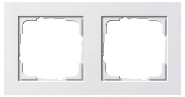 Blanco dubbel lichtschakelaarkader met twee vierkante openingen op een witte muur.