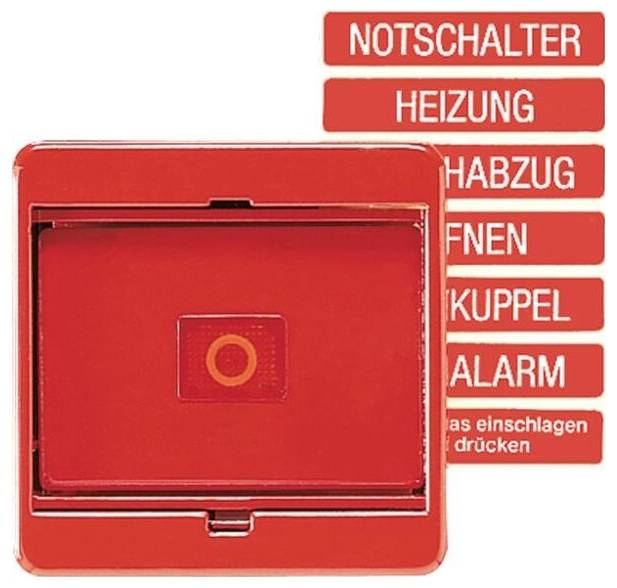 Rode noodknop met Duitse labels voor functies zoals 'NOTSCHALTER' en 'ALARM'.