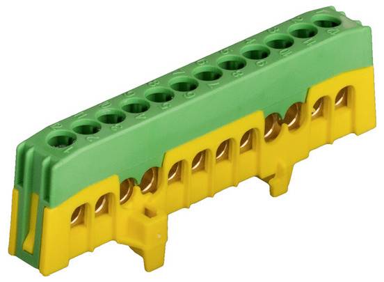 Groen en geel elektriciteitsblok met meerdere schroef- en draadverbindingsgaten, weergegeven op een witte achtergrond.