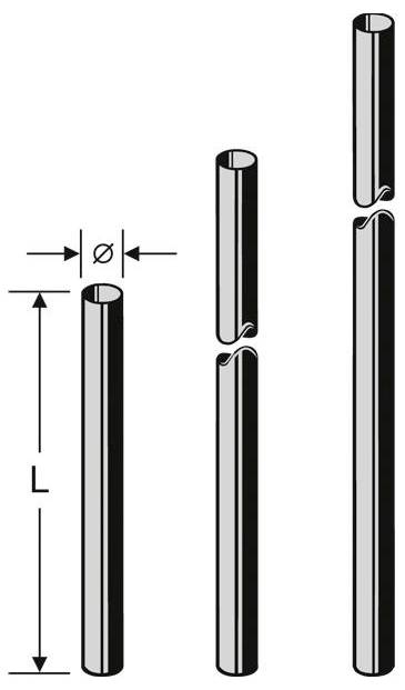 Diagram van een cilindrische staaf met lengte L en diameter ø, met een onderbroken weergave die aangeeft dat de staaf in secties kan worden verkort of verlengd.
