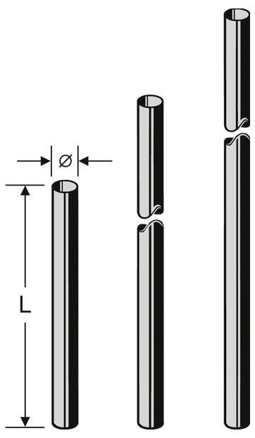 Diagram van een cilindrische staaf in drie lengtes, met dimensiepijlen die diameter ø en lengte L markeren, ter illustratie van snij- of breukuitzonderingen.