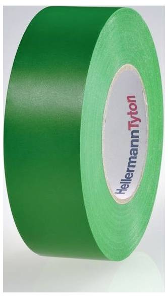 Groene rol zelfklevende tape met het label 'HellermannTyton' op een lichte achtergrond.