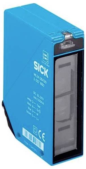 Blauwe SICK industriële sensor of scanner met zwarte frontlens en gedrukt label aan de zijkant.