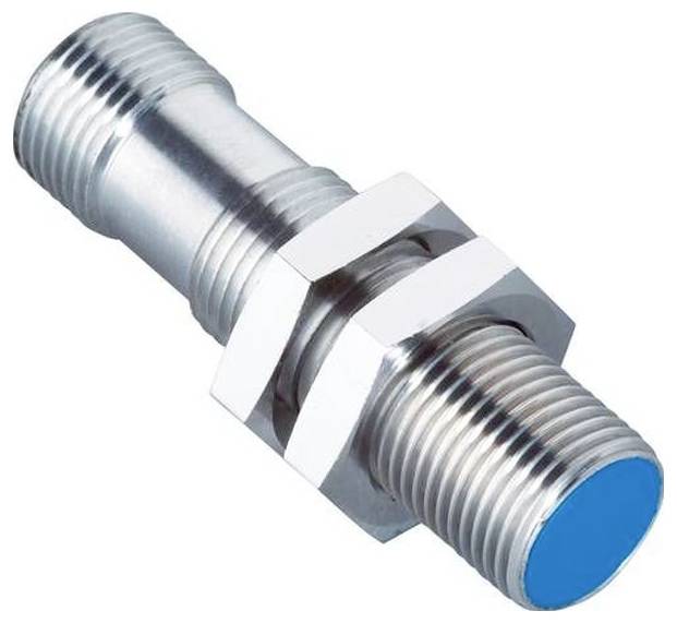 Metalen schroefdraad cilindrisch montagestuk met zeskantige borgmoer, diagonaal weergegeven op een witte achtergrond, met een blauwe beschermingsdop aan één uiteinde.