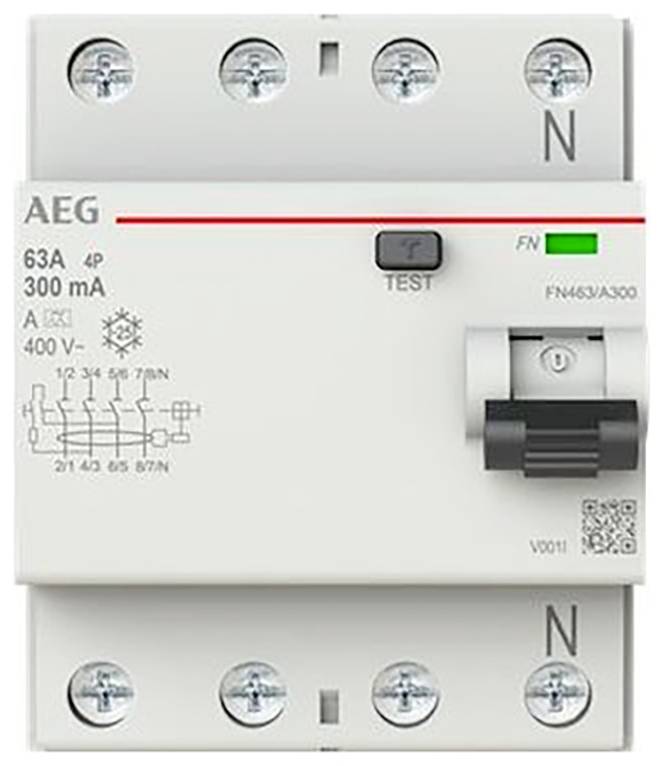 AEG 4-polige 63A 300 mA aardlekschakelaar met TEST-knop, groene indicator en aan/uit-schakelaar.