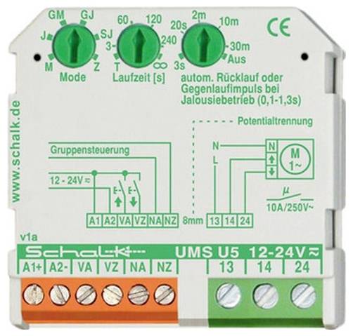 Schalk UMS U5 12-24V regelmodule met modus-, runtime- en vertragingsschijven, bedradingsschema en aansluitblokken voor motor-/jaloeziënautomatisering.