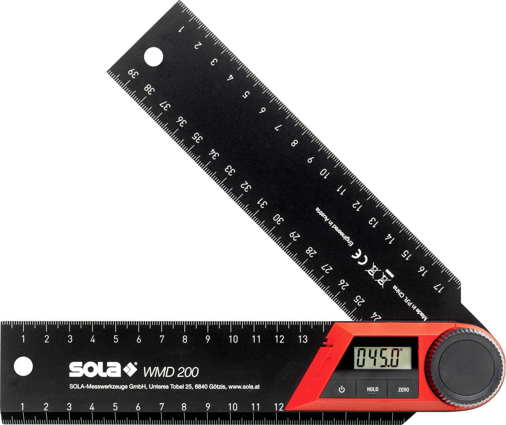 Zwarte Sola WMD 200 digitale hoekmeter en liniaal met een weergave van 45,0 graden, met een grote draaibare schaal aan de rechterkant.