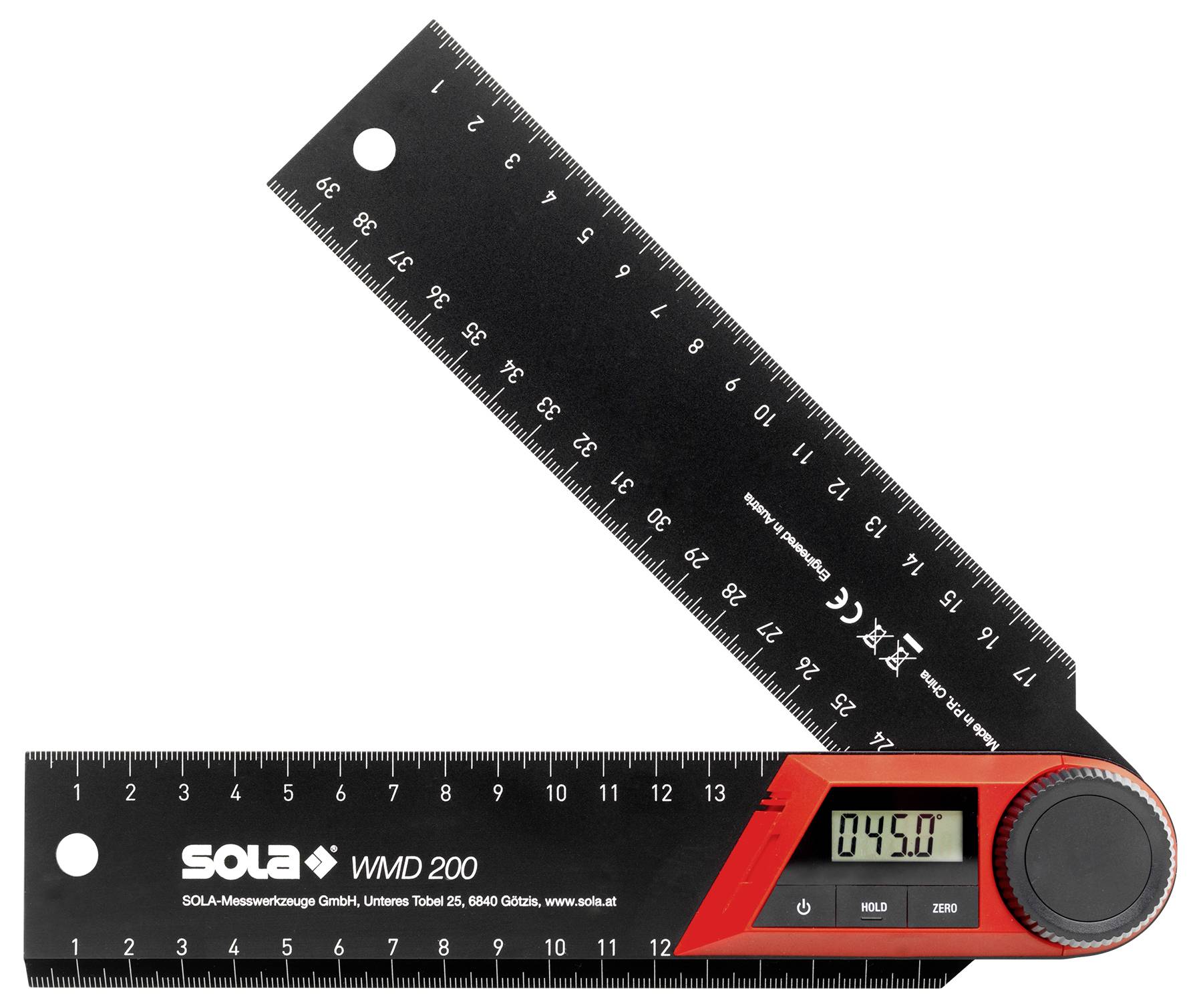 Digitale hoekmeter en liniaal met een meting van 45,0°, met een scharnierend zwart liniaal en rood display-eenheid.
