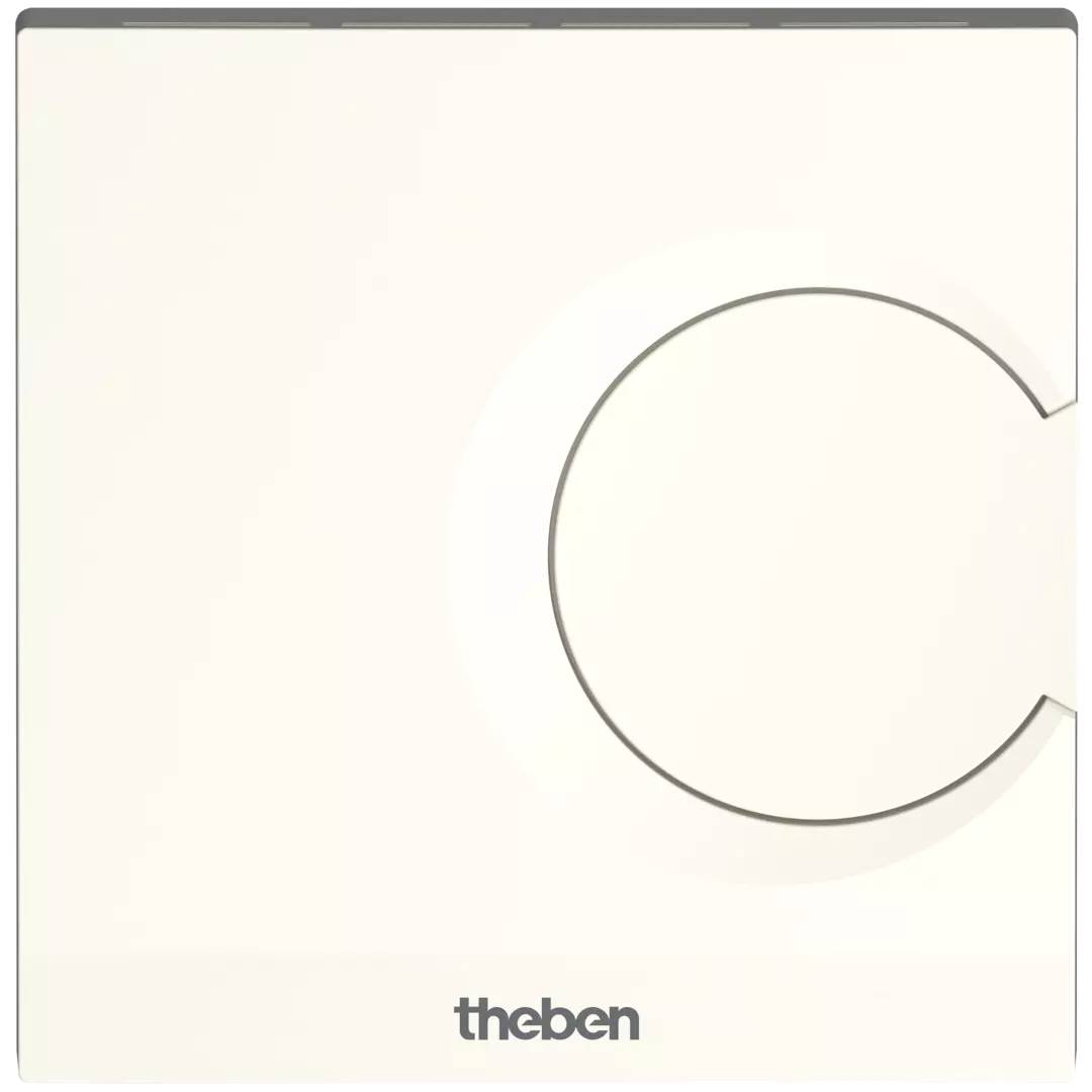 Vierkante witte Theben wandschakelaar of thermostaat frontplaat met een grote circulaire bediening aan de rechterkant en het 'theben' logo onderaan.