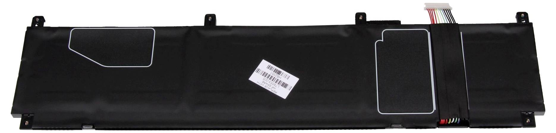 Zwarte laptopbatterij met aangesloten connectorkabels en streepjescode-etiket, weergegeven op een witte achtergrond.
