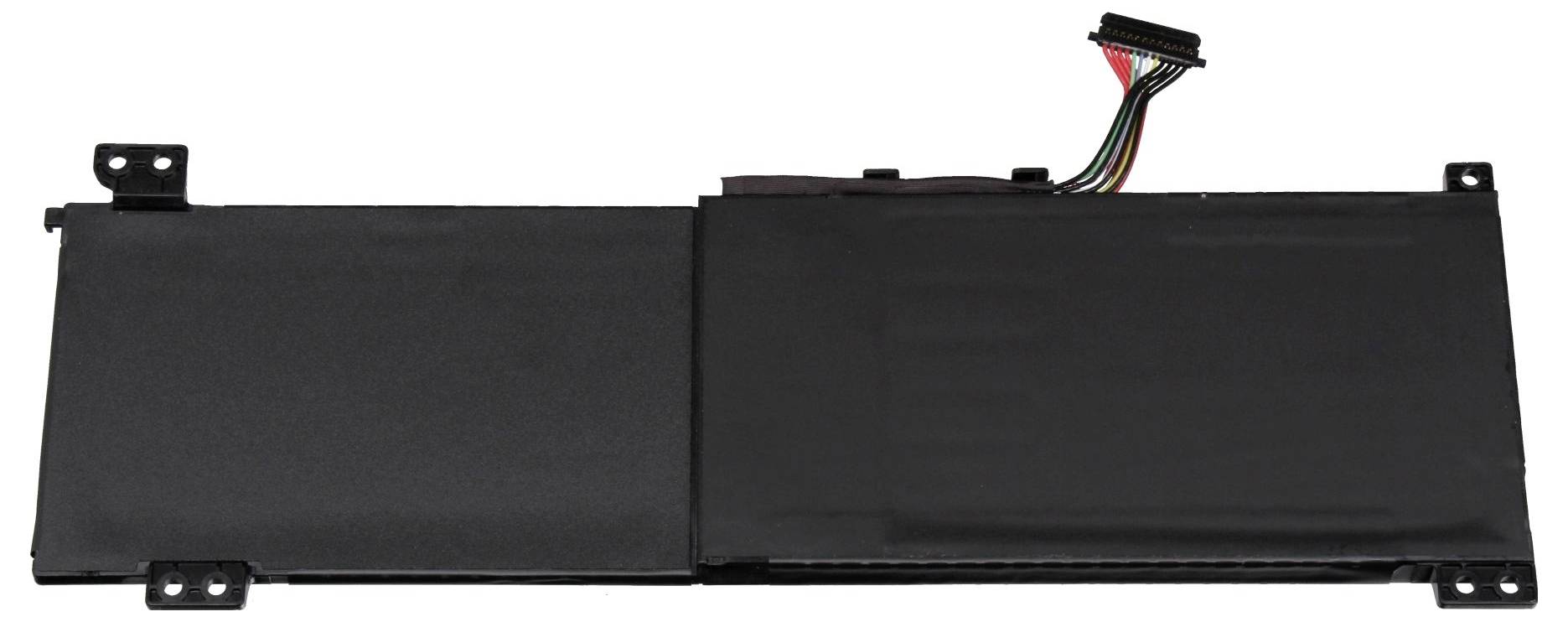 Zwart rechthoekig laptopbatterijarenpakket met bevestigingstabbladen en bijgesloten kabelconnector.