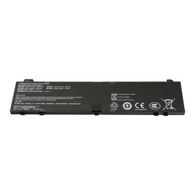 Zwarte laptopbatterijpack weergegeven op een witte achtergrond, met afgedrukte specificaties en veiligheidscertificatiesymbolen.